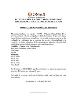 EL QUE SUSCRIBE SUB PREFECTO DEL DISTRITO DE
INDEPENDENCIA, PROVINCIA DE HUARAZ -ANCASH
CONSTANCIA DE POSESIÓN DE TERRENO
Med