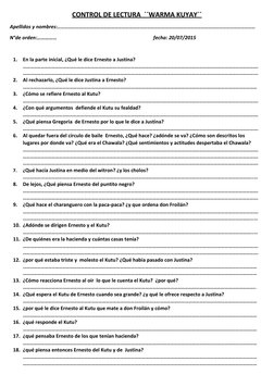 CONTROL DE LECTURA  ´´WARMA KUYAY´´ 
Apellidos y nombres:………………………………………………………………………………………………………………………………………………… 
N°de orden: