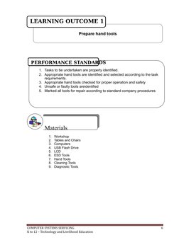 LEARNING OUTCOME 1
Prepare hand tools
PERFORMANCE STANDARDS
1. Tasks to be undertaken are properly identified.
2. Appropriate