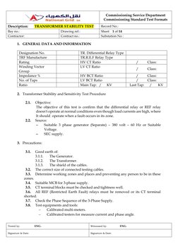 Commissioning Service Department 
Commissioning Standard Test Formats 
Description:       TRANSFORMER STABILITY TEST 
Rec