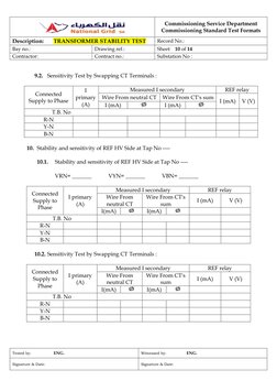 Commissioning Service Department 
Commissioning Standard Test Formats 
Description:       TRANSFORMER STABILITY TEST 
Rec