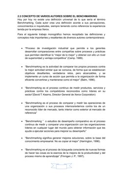 2.2 CONCEPTO DE VARIOS AUTORES SOBRE EL BENCHMARKING
Hoy por hoy no existe una definición universal de lo que sería el términ