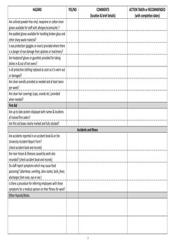 HAZARD
YES/NO
COMMENTS
(location & brief details)
ACTION TAKEN or RECOMMENDED
(with completion dates)
Are unlined powder-free