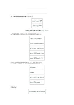 ACEITES PARA MOTOCICLETES
Mobil super 2T
Mobil super 4T
PRODUCTOS INDUSTRIALES
ACEITES DE CIRCULACION E HIDRÁULICOS
Mobil DTE