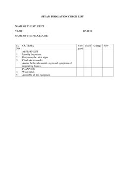 STEAM INHALATION CHECK LIST 
 
NAME OF THE STUDENT : 
YEAR :   
 
 
 
 
 
 
 
BATCH: 
NAME OF THE PROCEDURE: 
 
SL 
NO 
CRITE