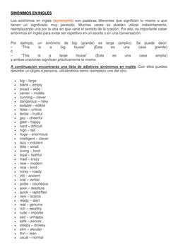 SINÓNIMOS EN INGLÉS 
Los sinónimos en inglés (synonyms) son palabras diferentes que significan lo mismo o que 
tienen un sign