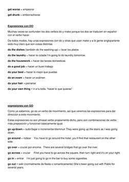 get worse = empeorar 
get drunk = emborracharse 
 
Expresiones con DO  
Muchas veces se confunden los dos verbos do y make po