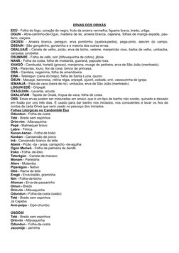 ERVAS DOS ORIXÁS
EXÚ - Folha do fogo, coração de negro, fruto da aroeira vermelha, figueira brava, bredo, urtiga.
OGUN - Abre