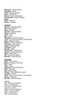 Irekê-omin - Dandá do brejo
Piperégún - Nativo
Junçá - Espada de Ògún
Ìróko - Folha de loko
Mariwô - Folha de dendezeiro
Irum