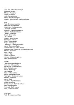 Xerê-obá - Chocalho de xangô 
Oxé-obá - Birreiro 
Monan - Parietária 
Aferé - Mutamba 
Obô - Rama de Leite 
Odidí - Bico-de-p