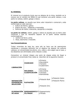 EL MINERAL
El mineral es el producto bruto que se obtiene de la mina, también se le
conoce con el nombre de MENA el cual cont