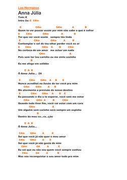 Los Hermanos  (https://www.cifraclub.com.br/los-hermanos/)
Anna Júlia 
Tom: E 
Intro 2x: E  C#m 
 
  E                  C#m