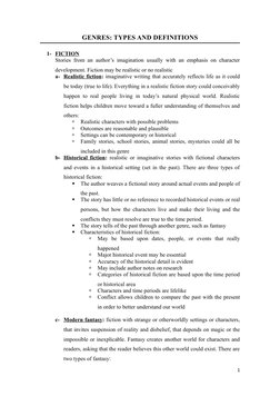 GENRES: TYPES AND DEFINITIONS
1- FICTION
Stories from an author’s imagination usually with an emphasis on character
developme