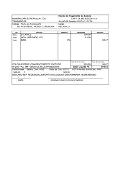 Recibo de Pagamento de Salário
MINERADORA ESPERANÇA LTDA
CNPJ: 04.849.809/0001-43
TRINDADE-PE
JULHO/08 Periodo 01/07 a 31/07/