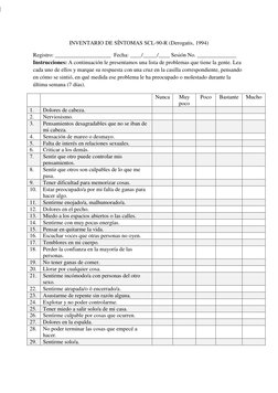 INVENTARIO DE SÍNTOMAS SCL-90-R (Derogatis, 1994) 
Registro: ____________________  Fecha: ____/_____/____ Sesión No. ________