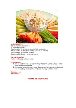 INGREDIENTES
2 ½ tazas de queso crema
½ taza de Mayonesa 
2 cucharadas de pimiento rojo, cortado en cubitos
2 cucharadas de p