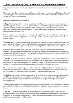 TOP 10 DISCIPLINAS QUE TE AYUDAN A EQUILIBRAR LA MENTE 
Lograr la armonía entre la mente y el cuerpo no es una tarea fácil, p