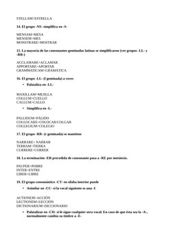 STELLAM>ESTRELLA
14. El grupo -NS- simplifica en -S-
MENSAM>MESA
MENSEM>MES
MONSTRARE>MOSTRAR
15. La mayoría de las consonant