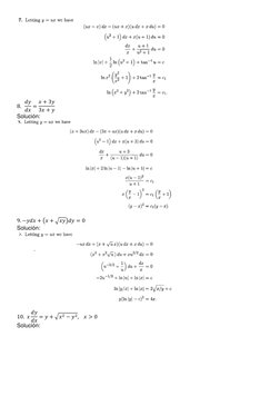  
8.  𝑑𝑦
𝑑𝑥= 𝑥+ 3𝑦
3𝑥+ 𝑦 
Solución: 
 
 
9. −𝑦𝑑𝑥+ (𝑥+ √𝑥𝑦)𝑑𝑦= 0 
Solución: 
 
 
10.  𝑥𝑑𝑦
𝑑𝑥= 𝑦+ √𝑥2 −?