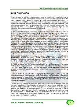 Municipalidad Distrital de Hualhuas 
 
 
Plan de Desarrollo Concertado (2015-2030) 
9 
INTRODUCCIÓN 
 
En un contexto de