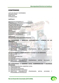 Municipalidad Distrital de Hualhuas 
 
 
Plan de Desarrollo Concertado (2015-2030) 
2 
CONTENIDO 
 
LISTA DE SIGLAS Y ACR