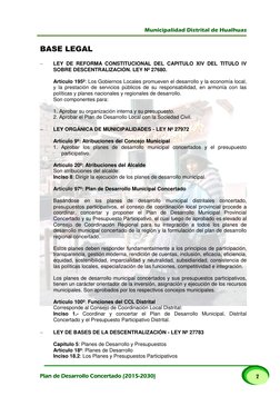 Municipalidad Distrital de Hualhuas 
 
 
Plan de Desarrollo Concertado (2015-2030) 
7 
BASE LEGAL 
 
 
LEY DE REFORMA CO