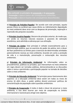 d) Princípio do Poluidor-Pagador: De acordo com este princípio, aquela 
pessoa (física ou jurídica) que causa direta ou indir