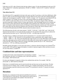 <date>T<time>
PnYnMnDTnHnMnS
PnW
UTC
If the time is in UTC, (https://en.wikipedia.org/wiki/Coordinated_Universal_Time) add a