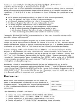 P<date>T<time>
<start>/<end>
<start>/<duration>
<duration>/<end>
<duration>
Durations are represented by the format P[n]Y[n]M
