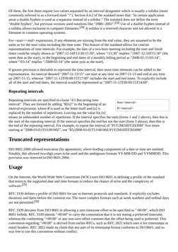 Rnn/<interval>
R/<interval>
Of these, the first three require two values separated by an interval designator which is usually