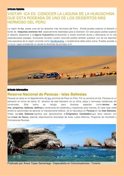 Articulo Opinión 
  
VISITAR  ICA ES  CONOCER LA LAGUNA DE LA HUACACHINA 
QUE ESTA RODEADA DE UNO DE LOS DESIERTOS MÁS 
HERMO