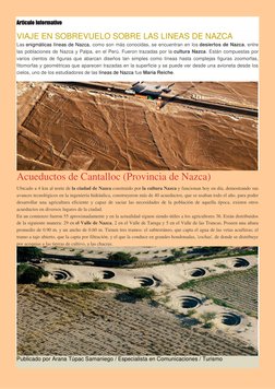 Articulo Informativo 
VIAJE EN SOBREVUELO SOBRE LAS LINEAS DE NAZCA 
Las enigmáticas líneas de Nazca, como son más conocidas,