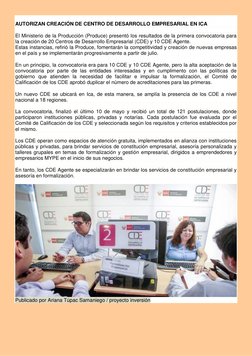 AUTORIZAN CREACIÓN DE CENTRO DE DESARROLLO EMPRESARIAL EN ICA 
 
El Ministerio de la Producción (Produce) presentó los resu