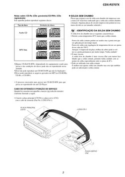 3
CDX-R3707X
Notas sobre CD-Rs (CDs grsváveis)/CD-RWs (CDs
regraváveis)
Este aparelho podem reproduzir seguintes discos:
Tipo