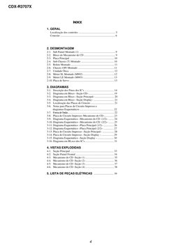4
CDX-R3707X
ÍNDICE
1. GERAL
Localização dos controles ....................................................... 5
Conexão ....