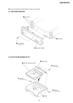 9
CDX-R3707X
2-2. BLOCO DO MECANISMO DE CD
Nota : Siga o procedimento de desmontagem na ordem numé rica dada.
2-1. SUB PAINEL