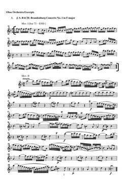 Oboe Orchestra Excerpts 
1. 
J. S. BACH: Brandenburg Concerto No. 1 in F major 
Mov. I [bar 72─END ] 
 
 
 
 
 
 
 
 
Mov. II