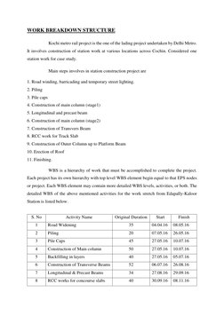 WORK BREAKDOWN STRUCTURE 
Kochi metro rail project is the one of the lading project undertaken by Delhi Metro. 
It involves c