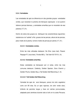 7 
 
2.2.4. Variedades 
Las variedades de apio se diferencia en dos grandes grupos: variedades 
verdes, que necesitan la prác