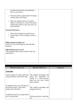 ask them about the big and small letter, 
how we can write it. 
 
o Then the teacher teaches them F for finger 
and lets them