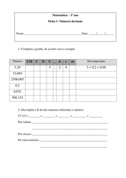1- Completa a grelha, de acordo com o exemplo 
 
Número 
UM C 
D 
U , d 
c 
m 
Decomposição 
5,28 
 
 
 
5 
, 
2