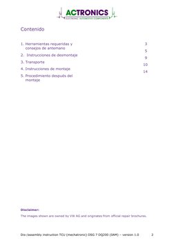 Dis-/assembly instruction TCU (mechatronic) DSG 7 DQ200 (0AM) – version 1.0 
2 
Contenido
3 
5 
9 
       10 
1. Herramientas