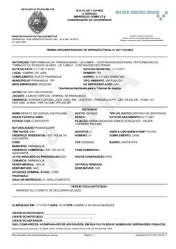 TERMO CIRCUNSTANCIADO DE INFRAÇÃO PENAL N. 2017/1344932
NATUREZAS: PERTURBACAO DA TRANQUILIDADE - LEI 3.688/41 - CONTRAVENCOE