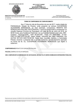 TERMO DE COMPROMISSO DE COMPARECIMENTO
Aos 17 dias do mês de Novembro do ano de 2017, nesta cidade de
PARANAGUA, Estado do Pa