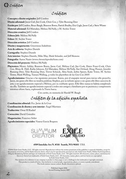 2
Créditos
Créditos
Concepto y diseño originales: Jeff Combos
Diseño adicional: Jason Carl, Jim Cook, Chris Goe, y Tyler Runn
