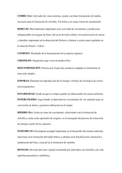 COBRE (Cu): Activador de varias enzimas, ayuda a un buen forzamiento de tejidos, 
necesario para la formación de clorofila. V