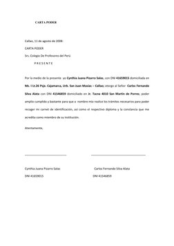CARTA PODER 
 
 
Callao, 11 de agosto de 2008: 
CARTA PODER  
Srs. Colegio De Profesores del Perú 
             P R E S E N T