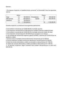Ejercicio. 
 
1.Al empezar el ejercicio, el establecimiento comercial "La Esmeralda" tiene los siguientes 
valores: 
 
Activo