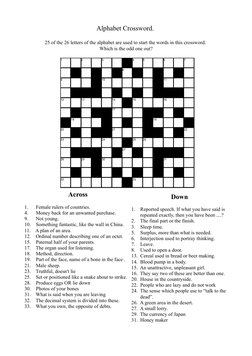 Alphabet Crossword. 
25 of the 26 letters of the alphabet are used to start the words in this crossword. 
Which is the odd on