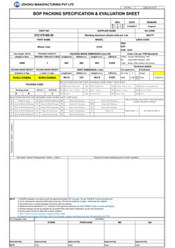 JOHOKU MANUFACTURING PVT LTD
ISO No.
CEC:01:F:07
BOP PACKING SPECIFICATION & EVALUATION SHEET 
REV.
DATE
REMARK
0
1
2
11/
